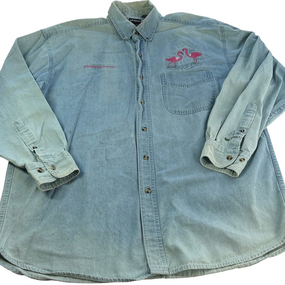 Outrageous Sports Denim Shirt Women XL Blue Flamingo Embroidered Relaxed Vintage